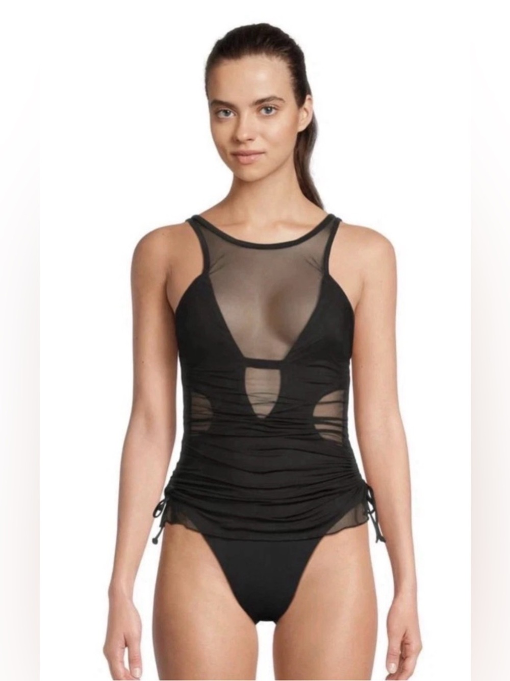 BECCA size M Muse Macie High Neck Mesh Overlay One Piece tummy control, chic